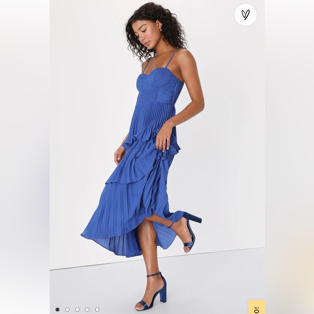 Cascading Crush Cobalt Blue Tiered Bustier Midi Dress